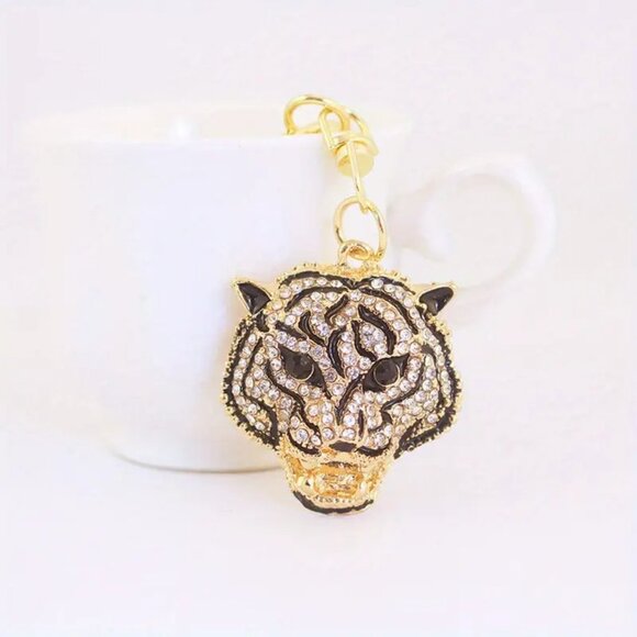 Gold Crystal Tiger Head Keychain Bag Charm Sparkling Rhinestone Pendant Handbag - Picture 8 of 8